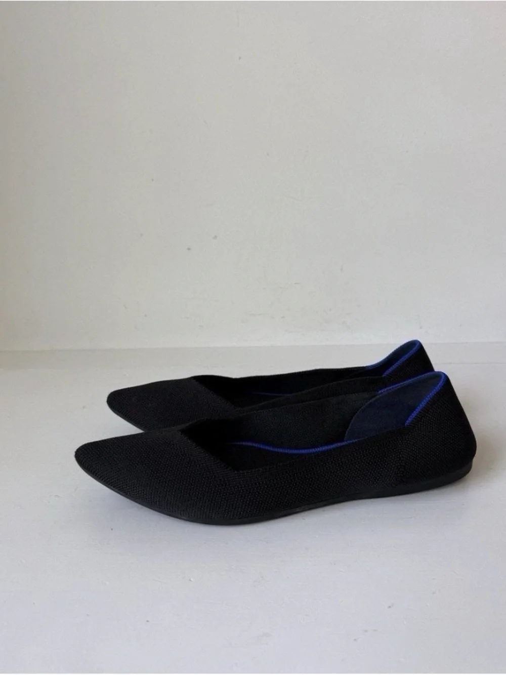Rothy's Black Pointed Knit Flats with Blue Trim